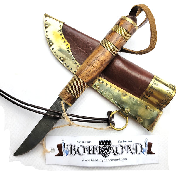 Blade out of scabbard Damascus Birka II Seax Knife will impress with elegance in form and simplicity.  A small pattern welded blade of Damascus steel is sturdy and beautiful with a Rosewood handle with two brass wire wraps.  Its small size makes it a great addition to Viking kit! A camp knife for medieval Viking, LARP, and SCA.