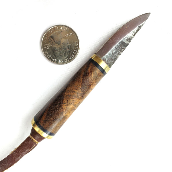 Viking Boob Bling, The Fibula Norse Seax with Chain is a small and robust tool steel blade sturdy and beautiful with a Rosewood handle with brass.   Decorated vegetable tanned leather sheath with Norse Viking brass and silver historical ornamentation