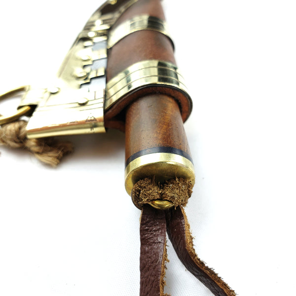 Viking Boob Bling, The Fibula Norse Seax with Chain is a small and robust tool steel blade sturdy and beautiful with a Rosewood handle with brass.   Decorated vegetable tanned leather sheath with Norse Viking brass and silver historical ornamentation