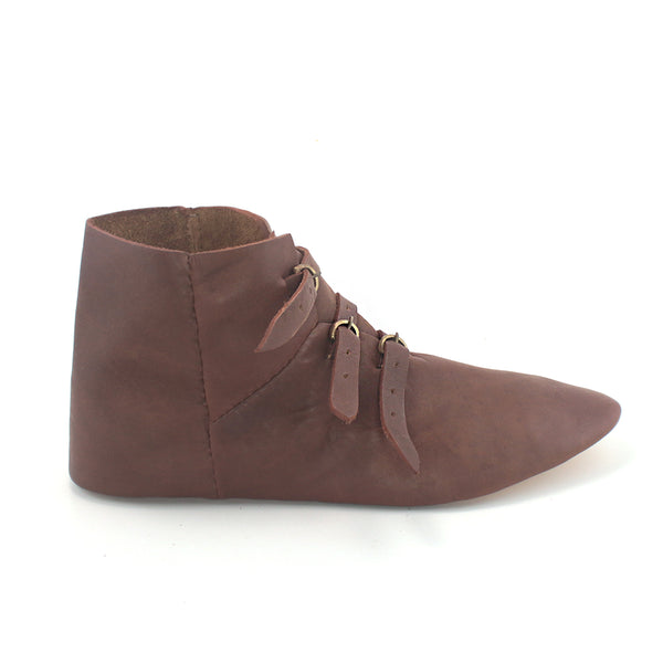 Medieval Ankle Buckle Turn Shoes- a historically accurate ankle boot of premium leather with ankle stiffeners for 14th and 15th Century Harnessfecten fighting in armor, late medieval historical renaissance, HEMA, or SCA costume side view