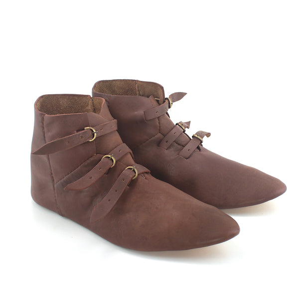 Medieval Ankle Buckle Turn Shoes- a historically accurate ankle boot of premium leather with ankle stiffeners for 14th and 15th Century Harnessfecten fighting in armor, late medieval historical renaissance, HEMA, or SCA costume pair view