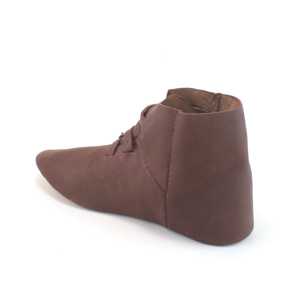 Medieval Ankle Buckle Turn Shoes- a historically accurate ankle boot of premium leather with ankle stiffeners for 14th and 15th Century Harnessfecten fighting in armor, late medieval historical renaissance, HEMA, or SCA costume rear view