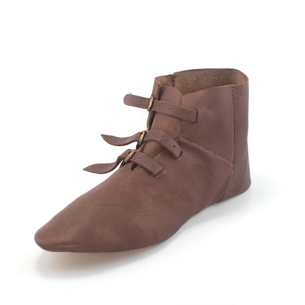 Medieval Ankle Buckle Turn Shoes- a historically accurate ankle boot of premium leather with ankle stiffeners for 14th and 15th Century Harnessfecten fighting in armor, late medieval historical renaissance, HEMA, or SCA costume instep view