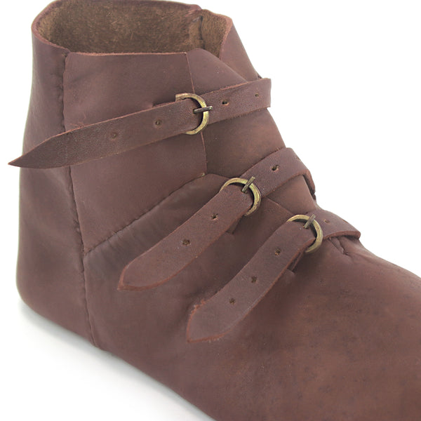 Medieval Ankle Buckle Turn Shoes- a historically accurate ankle boot of premium leather with ankle stiffeners for 14th and 15th Century Harnessfecten fighting in armor, late medieval historical renaissance, HEMA, or SCA costume close up view