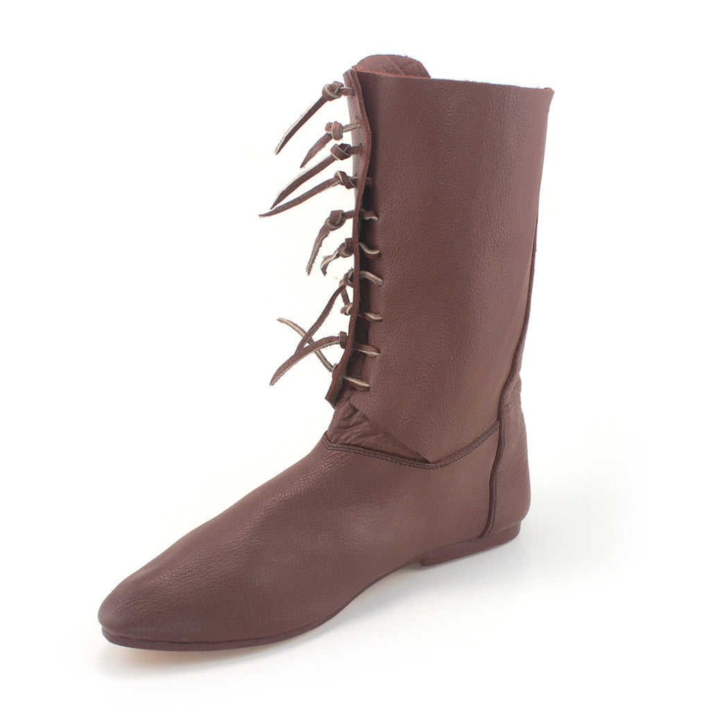 Medieval Boots are a mid-calf leather historical toggle boot for nobleman, medieval soldier or archers to use in historical reenactments, Renaissance Fairs, SCA, LARP, and cosplay hundred Years’ War, War of the Roses boots side