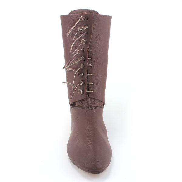 Medieval Boots - mid-calf leather historical toggle boot for nobleman, medieval soldier or archers to use in historical reenactments, Renaissance Fairs, SCA, LARP, and cosplay hundred Years’ War, War of the Roses boots front