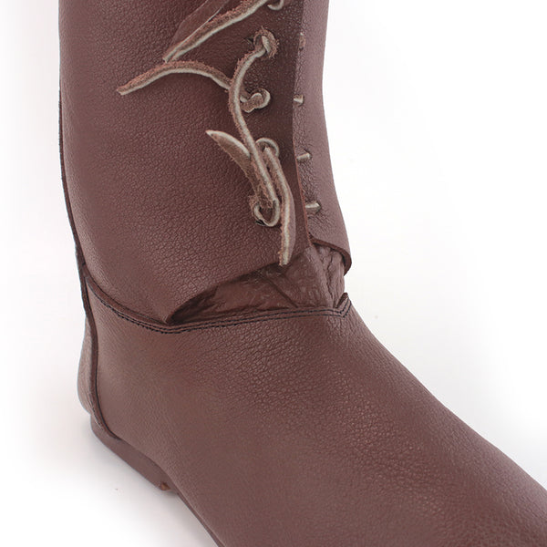 Medieval Boots - mid-calf leather historical toggle boot for nobleman, medieval soldier or archers to use in historical reenactments, Renaissance Fairs, SCA, LARP, and cosplay hundred Years’ War, War of the Roses boots close up