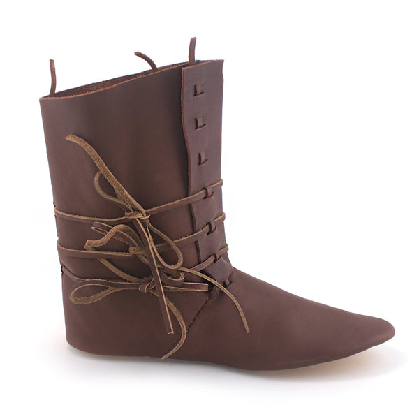 The Medieval High Turn Shoes - a historically accurate leather mid calf laced boot to Look sharp at your next medieval 11th, 12th, 13th, and 14th Century reenactment event side view