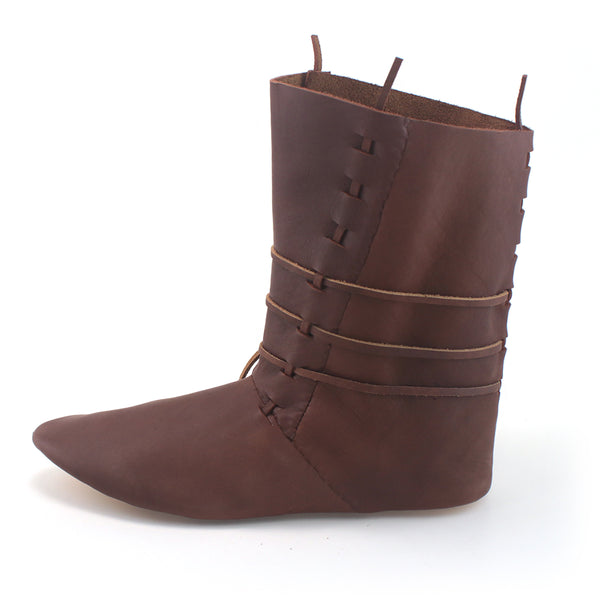 The Medieval High Turn Shoes - a historically accurate leather mid calf laced boot to Look sharp at your next medieval 11th, 12th, 13th, and 14th Century reenactment event side view