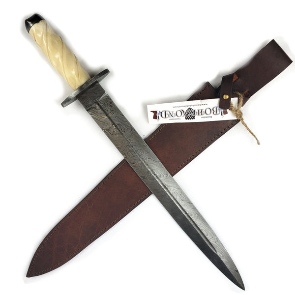 Medieval Short Sword Large Dagger Damascus Steel #60A featuring a spiral carved bone handle and double-edged Damascus steel blade with farrow, guard and pommel