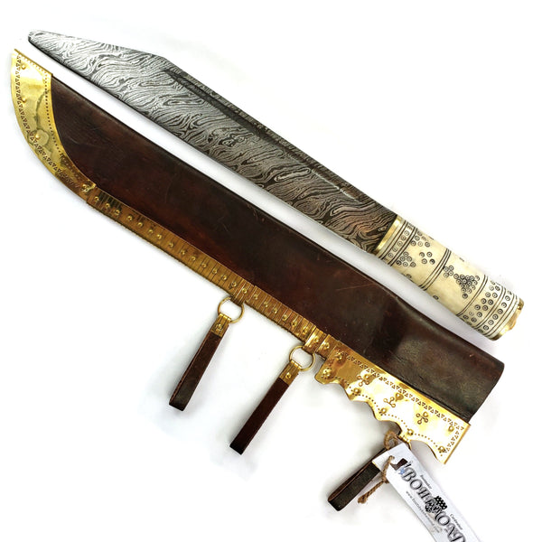 A 17.5 inch Viking Survival Tool! Viking Damascus Broke Back Seax #48, features Norse decorative motifs carved in the bone handle accented with brass. A large camp knife for medieval Viking, LARP, and SCA.