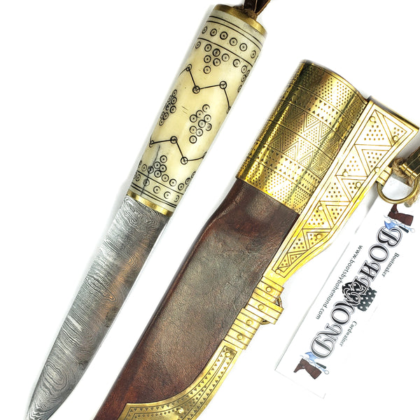 Old Norse Decorated Viking Damascus Knife with Rus Sheath #50B decorative motifs engraved into the bone handle with accented brass sheath in the Rus or eastern Viking style for SCA, LARP, and history buffs.