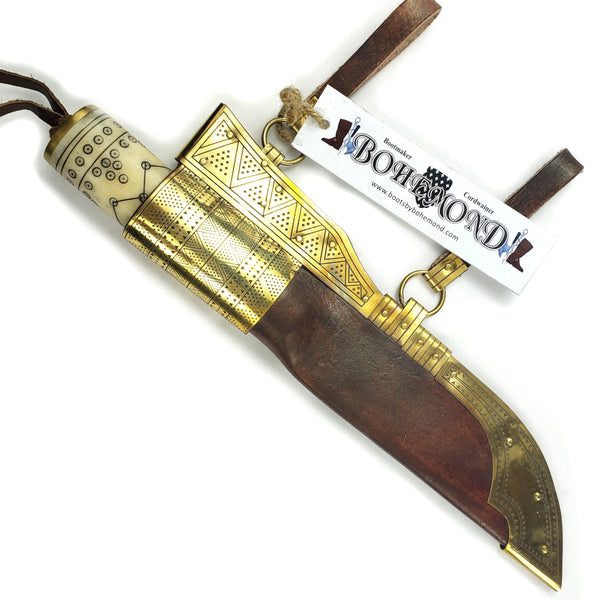 Old Norse Decorated Viking Damascus Knife with Rus Sheath #50B decorative motifs engraved into the bone handle with accented brass sheath in the Rus or eastern Viking style for SCA, LARP, and history buffs.