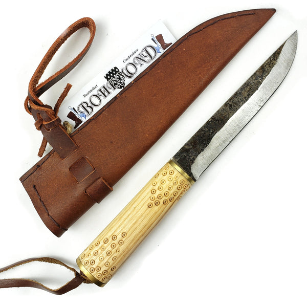 Viking tool steel Seax Knife Birka Style #55 with maple wood handle decorated with period birds eye pattern and veg-tanned Birka scabbard tool steel blade holds an edge and is rust-resistant making for a good Viking survival camp tool. 