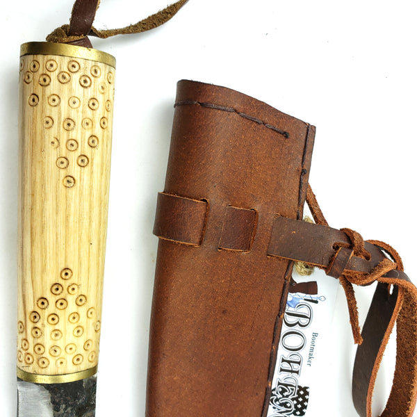 Viking tool steel Seax Knife Birka Style #55 with maple wood handle decorated with period birds eye pattern and veg-tanned Birka scabbard tool steel blade holds an edge and is rust-resistant making for a good Viking survival camp tool.