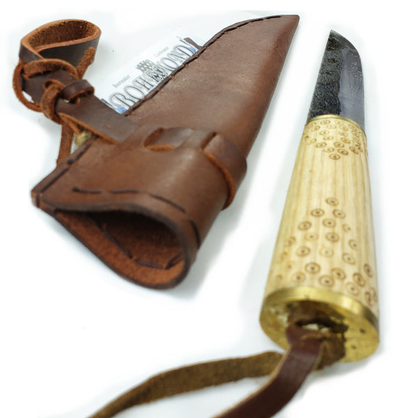 Viking tool steel Seax Knife Birka Style #55 with maple wood handle decorated with period birds eye pattern and veg-tanned Birka scabbard tool steel blade holds an edge and is rust-resistant making for a good Viking survival camp tool. 