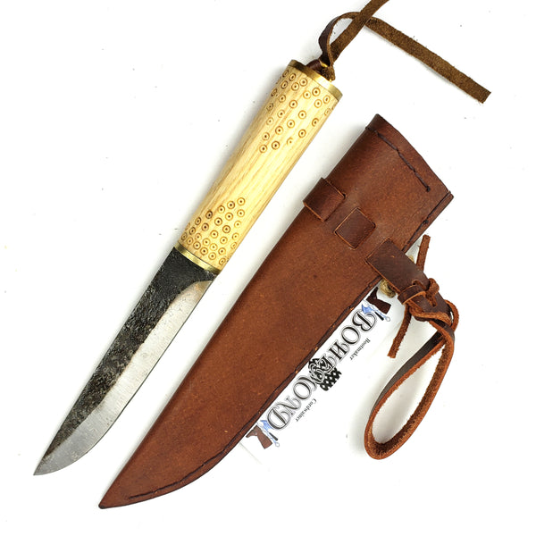 Viking tool steel Seax Knife Birka Style #55 with maple wood handle decorated with period birds eye pattern and veg-tanned Birka scabbard tool steel blade holds an edge and is rust-resistant making for a good Viking survival camp tool. 