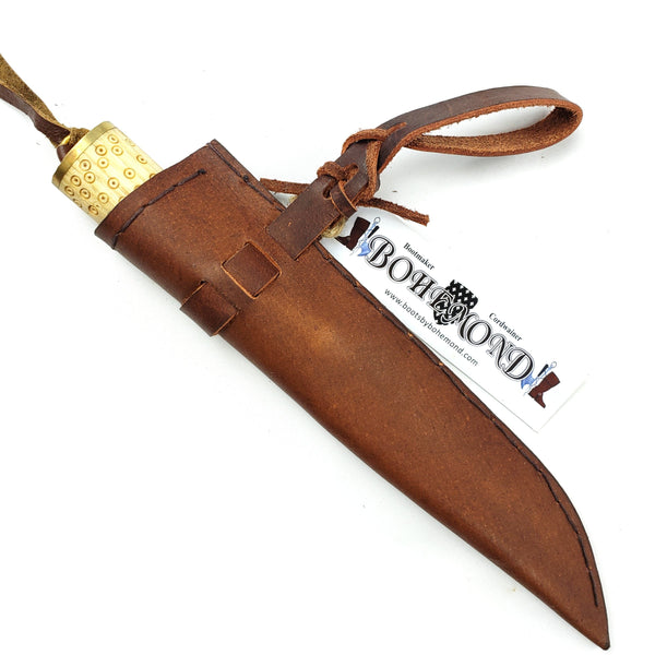 Viking tool steel Seax Knife Birka Style #55 with maple wood handle decorated with period birds eye pattern and veg-tanned Birka scabbard tool steel blade holds an edge and is rust-resistant making for a good Viking survival camp tool.