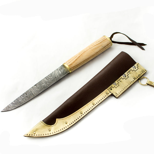 Seax Damascus Viking Knife #30 - Viking Knives damascus steel scandinavian knife Seax embossed decorated brass leather scabbard brown