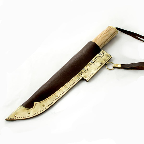 Seax Damascus Viking Knife #30 - Viking Knives damascus steel scandinavian knife Seax embossed decorated brass leather scabbard 