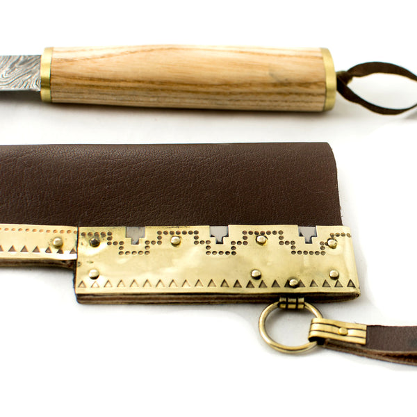 Seax Damascus Viking Knife #30 - Viking Knives damascus steel scandinavian knife Seax embossed decorated brass leather scabbard