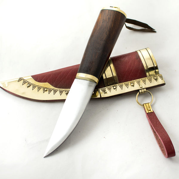 Seax Viking Knife #25 - Stainless with Olive wood handle with brass bezel and red vegetable tanned brass decorated scabbard with Viking age designs  