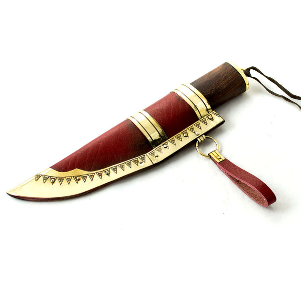 Seax Viking Knife #25 - Stainless with Olive wood handle with brass bezel and red vegetable tanned brass decorated scabbard with Viking age designs