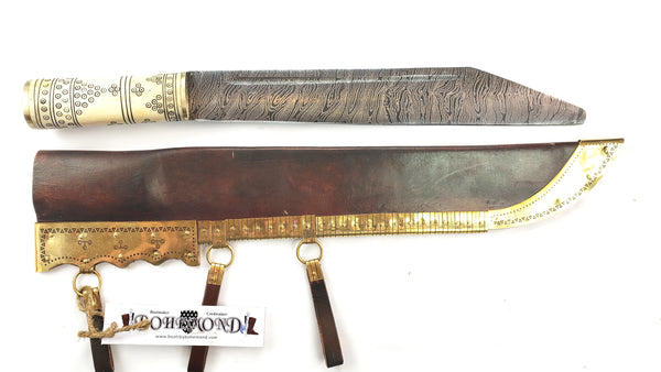 A 17.5 inch Viking Survival Tool! Viking Damascus Broke Back Seax #48, features Norse decorative motifs carved in the bone handle accented with brass. A large camp knife for medieval Viking, LARP, and SCA.