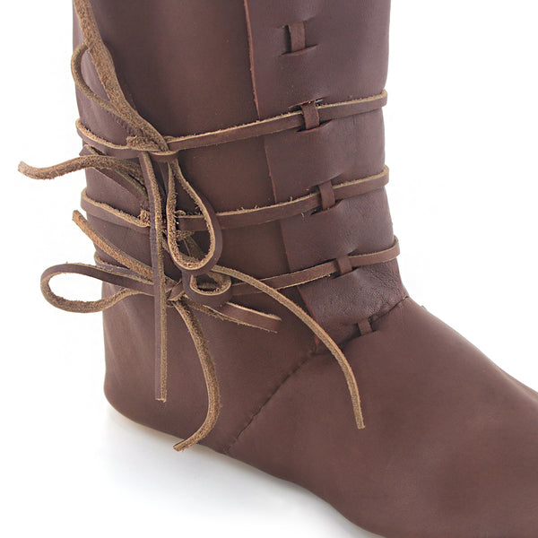 The Medieval High Turn Shoes - a historically accurate leather mid calf laced boot to Look sharp at your next medieval 11th, 12th, 13th, and 14th Century reenactment event laces close up view