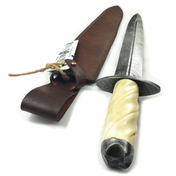 Medieval Short Sword Large Dagger Damascus Steel #60A featuring a spiral carved bone handle and double-edged Damascus steel blade with farrow, guard and pommel