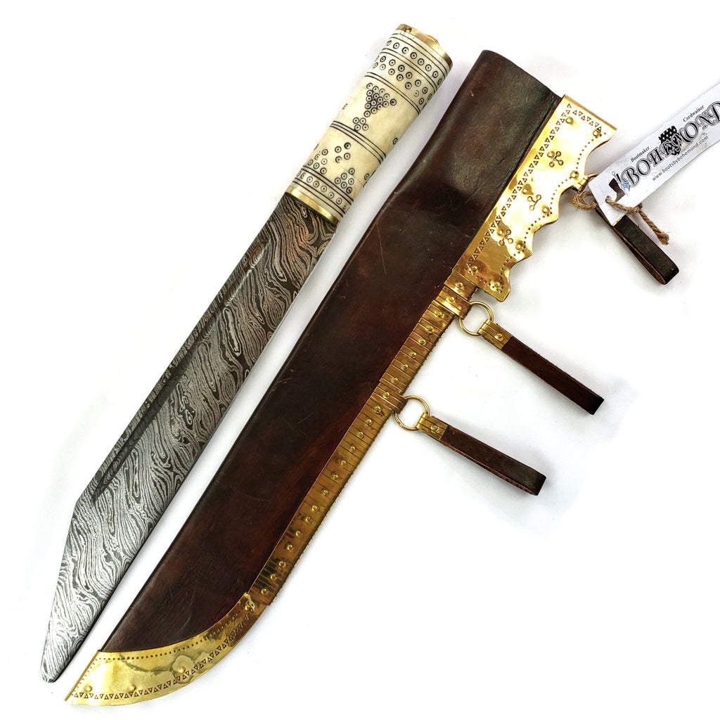 Large Viking Broke Back Damascus Seax Bone Handle #48 is large and so Seaxy.  The spine and blade are not parallel as found in many gravesites of the era.  This Viking knife makes a great period survival tool .