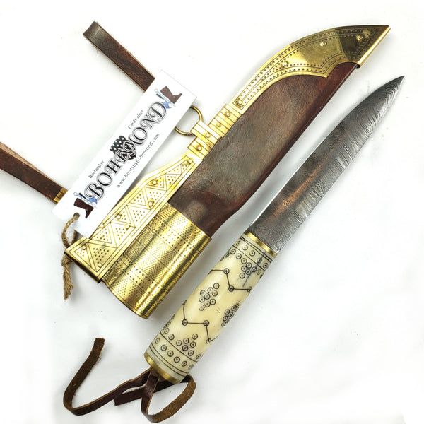 Old Norse Decorated Viking Damascus Knife with Rus Sheath #50B decorative motifs engraved into the bone handle with accented brass sheath in the Rus or eastern Viking style for SCA, LARP, and history buffs.