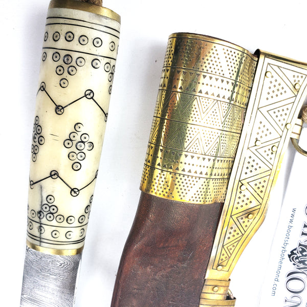 Old Norse Decorated Viking Damascus Knife with Rus Sheath #50B decorative motifs engraved into the bone handle with accented brass sheath in the Rus or eastern Viking style for SCA, LARP, and history buffs.