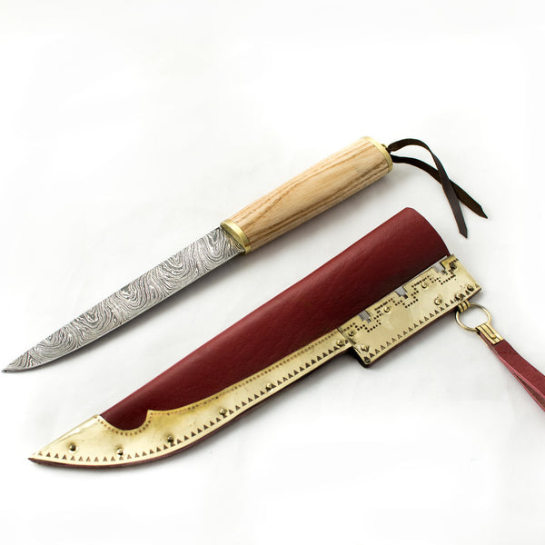 Seax Damascus Viking Knife #30 - Viking Knives damascus steel scandinavian knife Seax embossed decorated brass leather scabbard red
