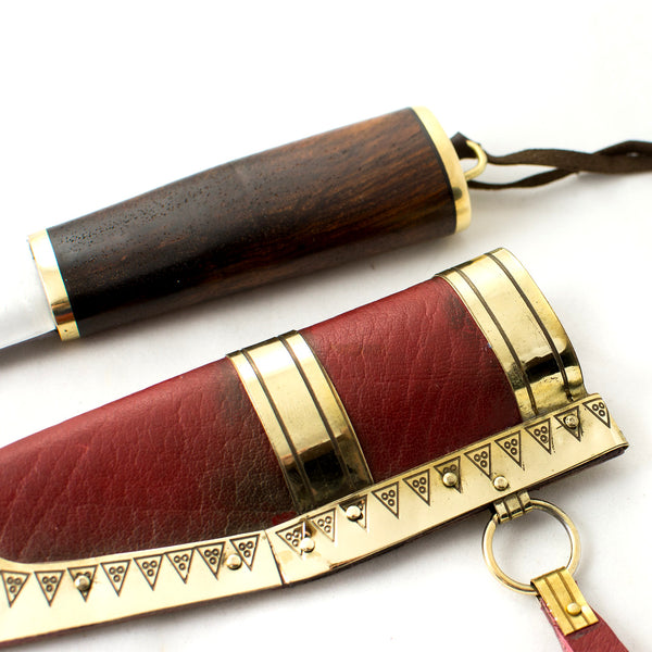 Seax Viking Knife #25 - Stainless with Olive wood handle with brass bezel and red vegetable tanned brass decorated scabbard with Viking age designs  
