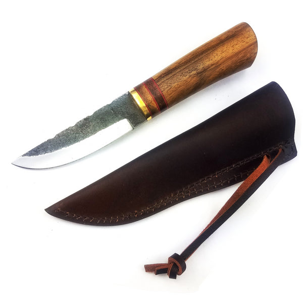 Viking Style Knife with Tools Steel and Leather Scabbard #21 - Viking age knife, Olive wood handle with red leather, vegetable tanned leather Norse Scandinavian style scabbard.  
